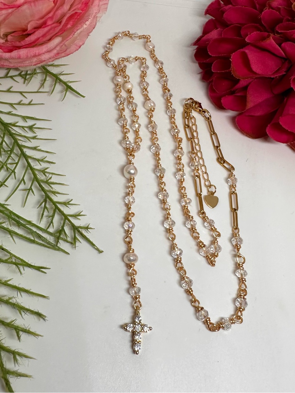 NEW ⚜️ Freshwater Pearl & Crystal Handmade Rosary Necklace